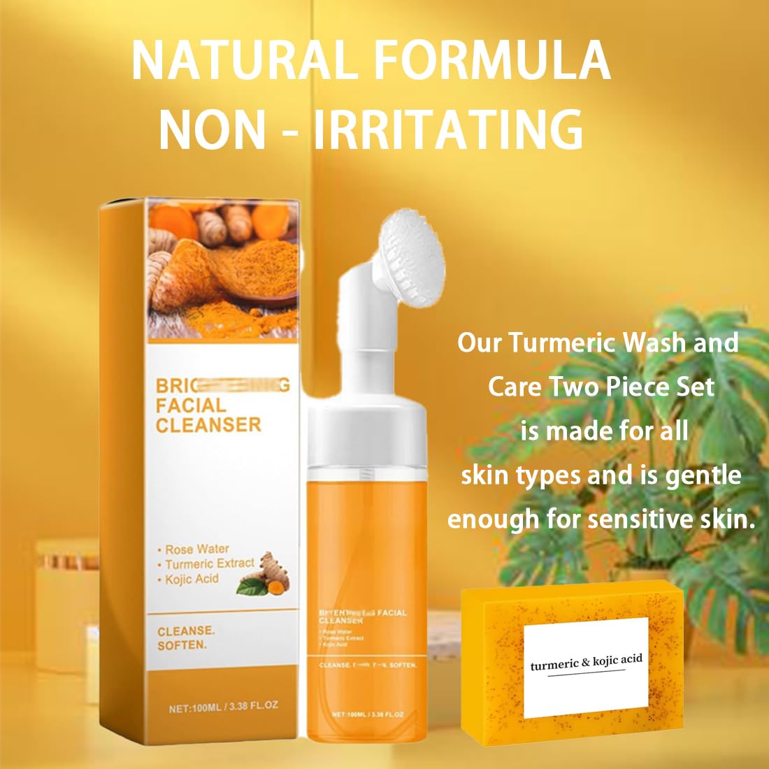 Lavado facial y corporal de cúrcuma para piel suave y nutrida.