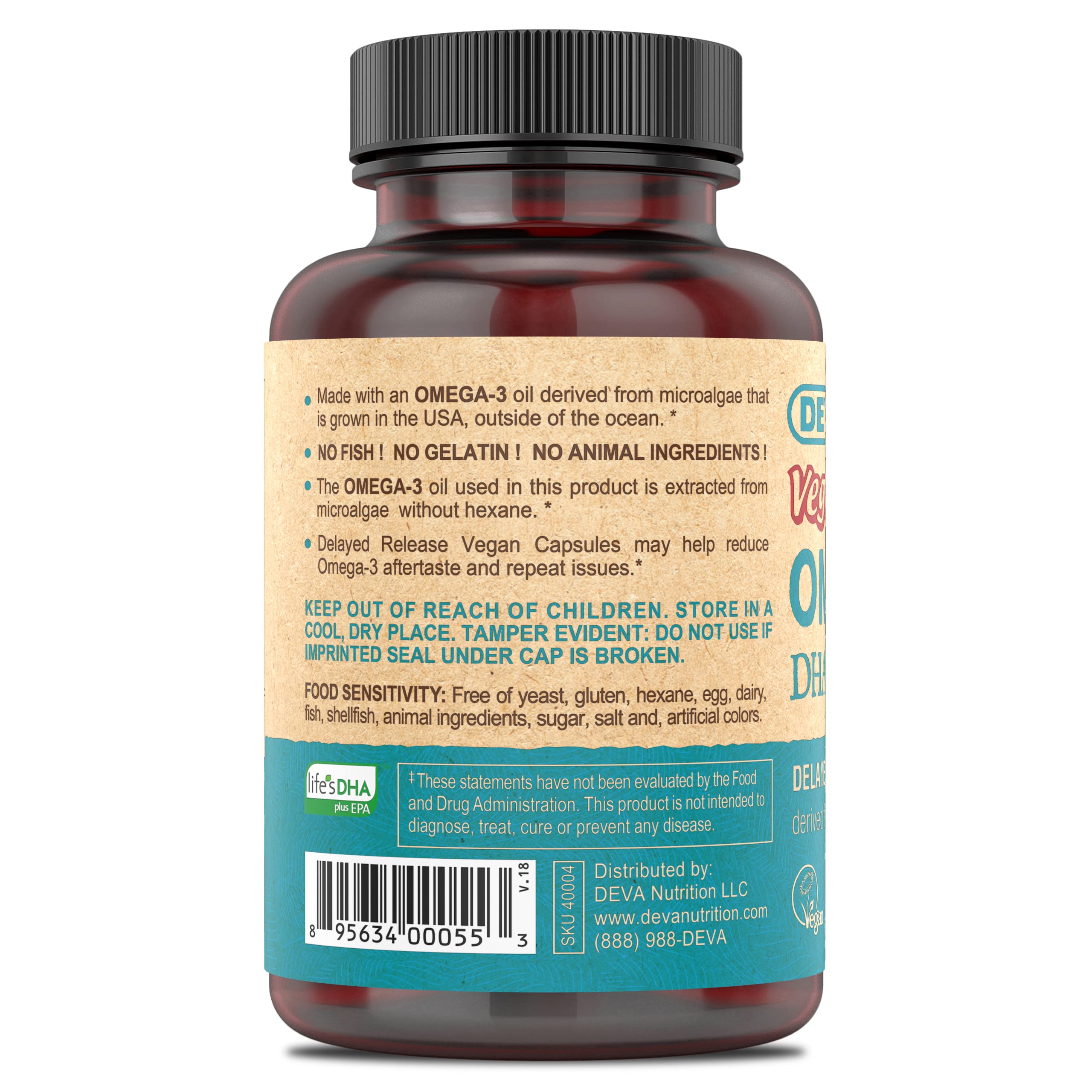 DEVA Omega-3 etiqueta informativa, ingredientes claros y beneficios sin derivados animales.