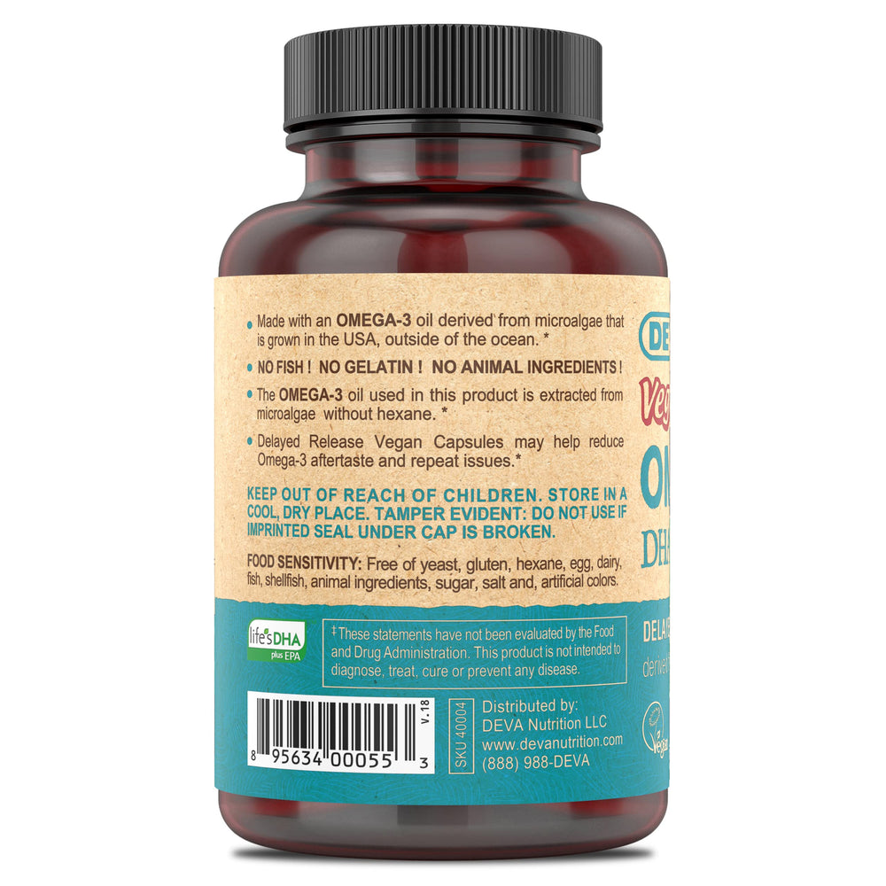 DEVA Omega-3 etiqueta informativa, ingredientes claros y beneficios sin derivados animales.