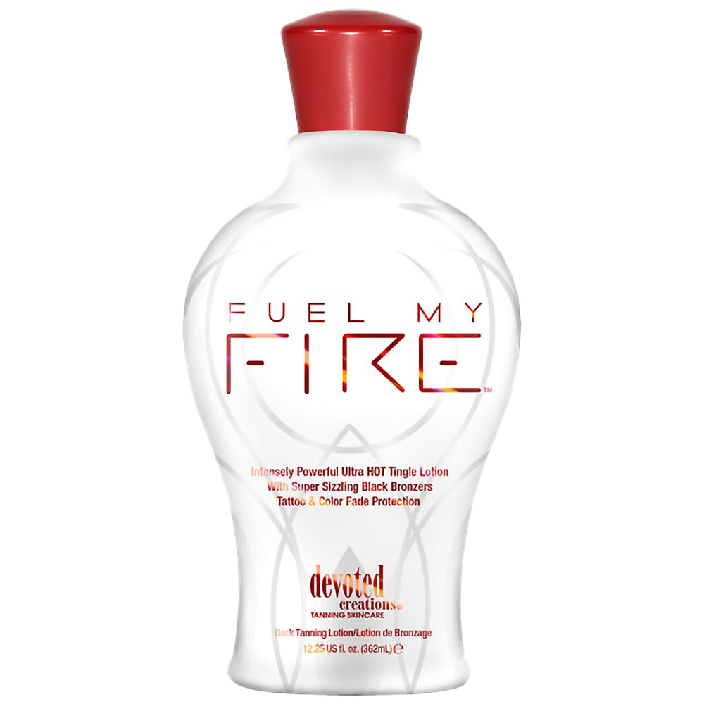 Devoted Creations Fuel My Fire back bottle highlights hydrating formula and fade protection.