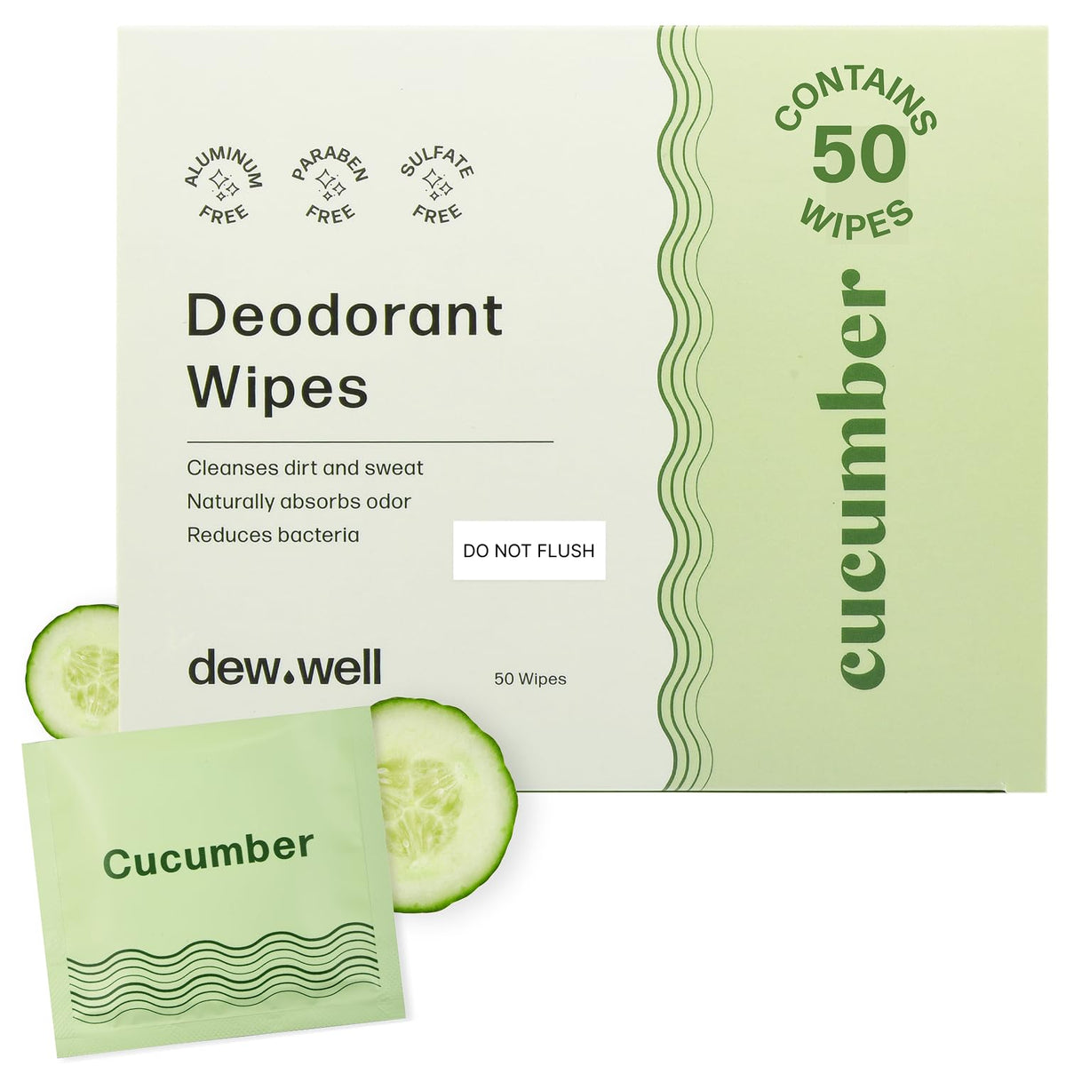 Dew Well toallitas desodorantes pepino en empaque individual para viaje, frescura rápida.