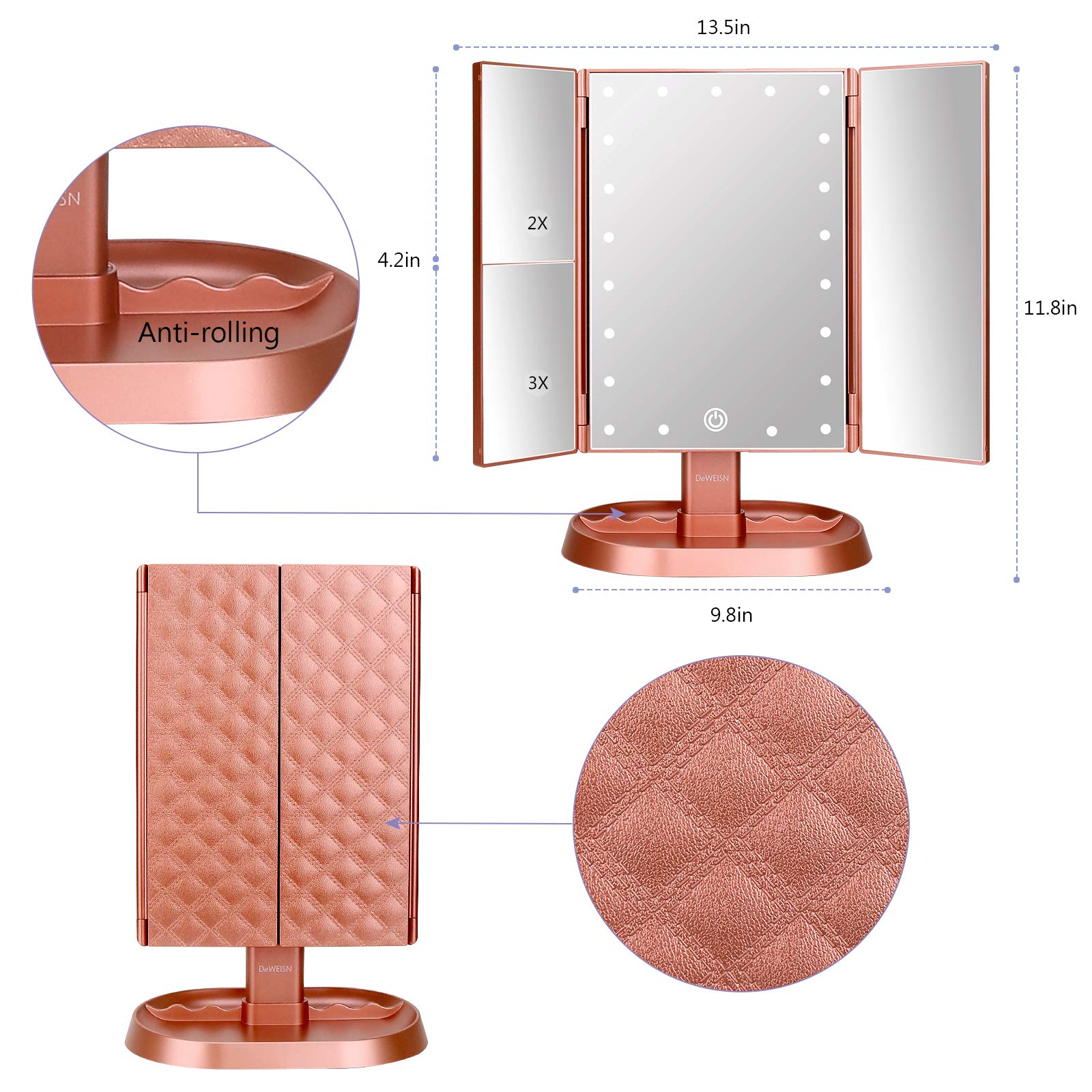 Deweisn espejo Trifold con ampliaciones 1x/2x/3x para detalles finos.