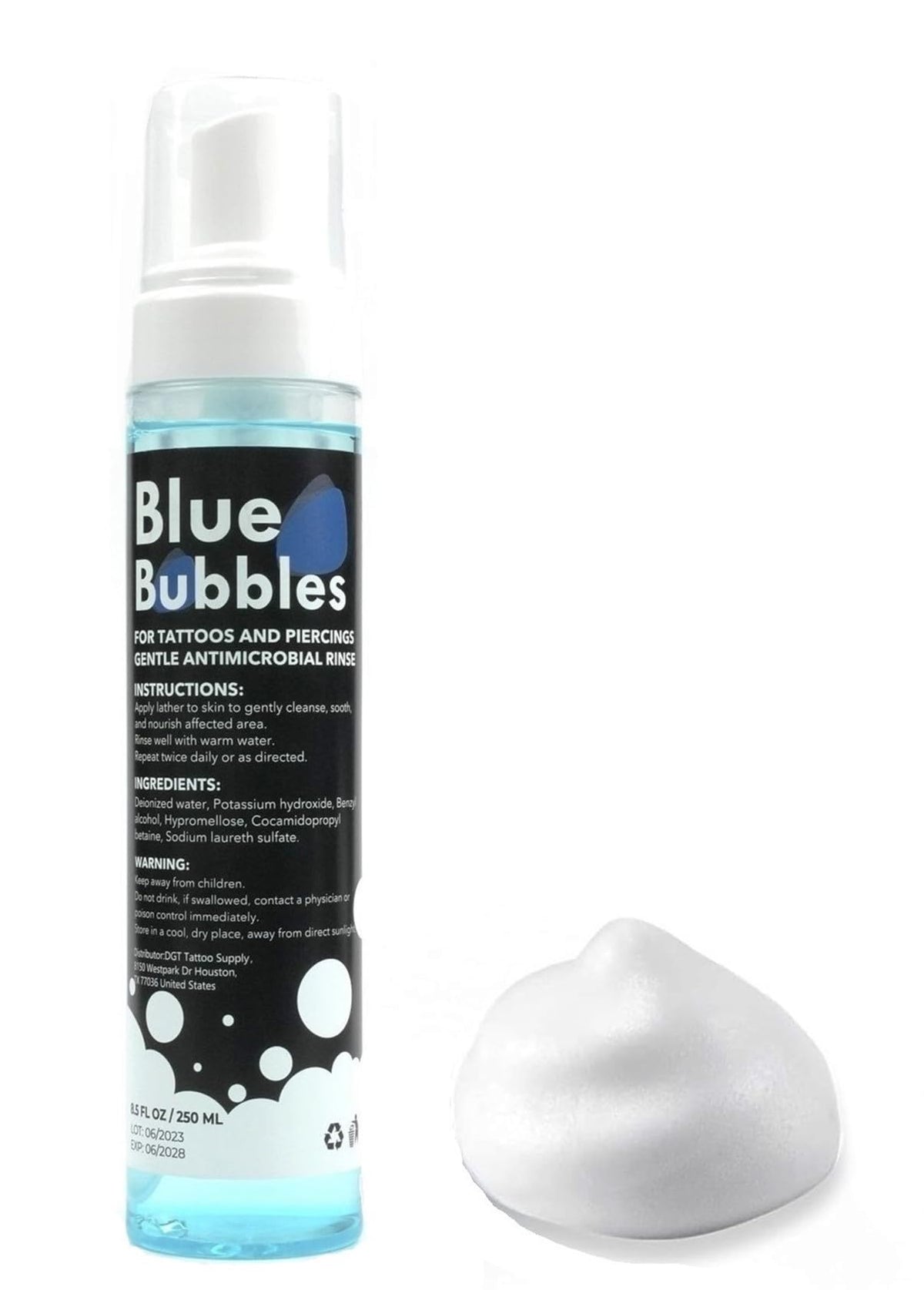DGT Tattoo Blue Bubbles, botella-espuma para limpieza suave de la piel tatuada.