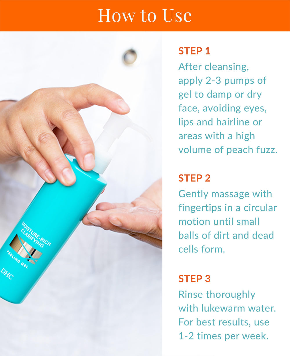 DHC gel exfoliante apto para todos los tipos de piel, uso diario seguro.