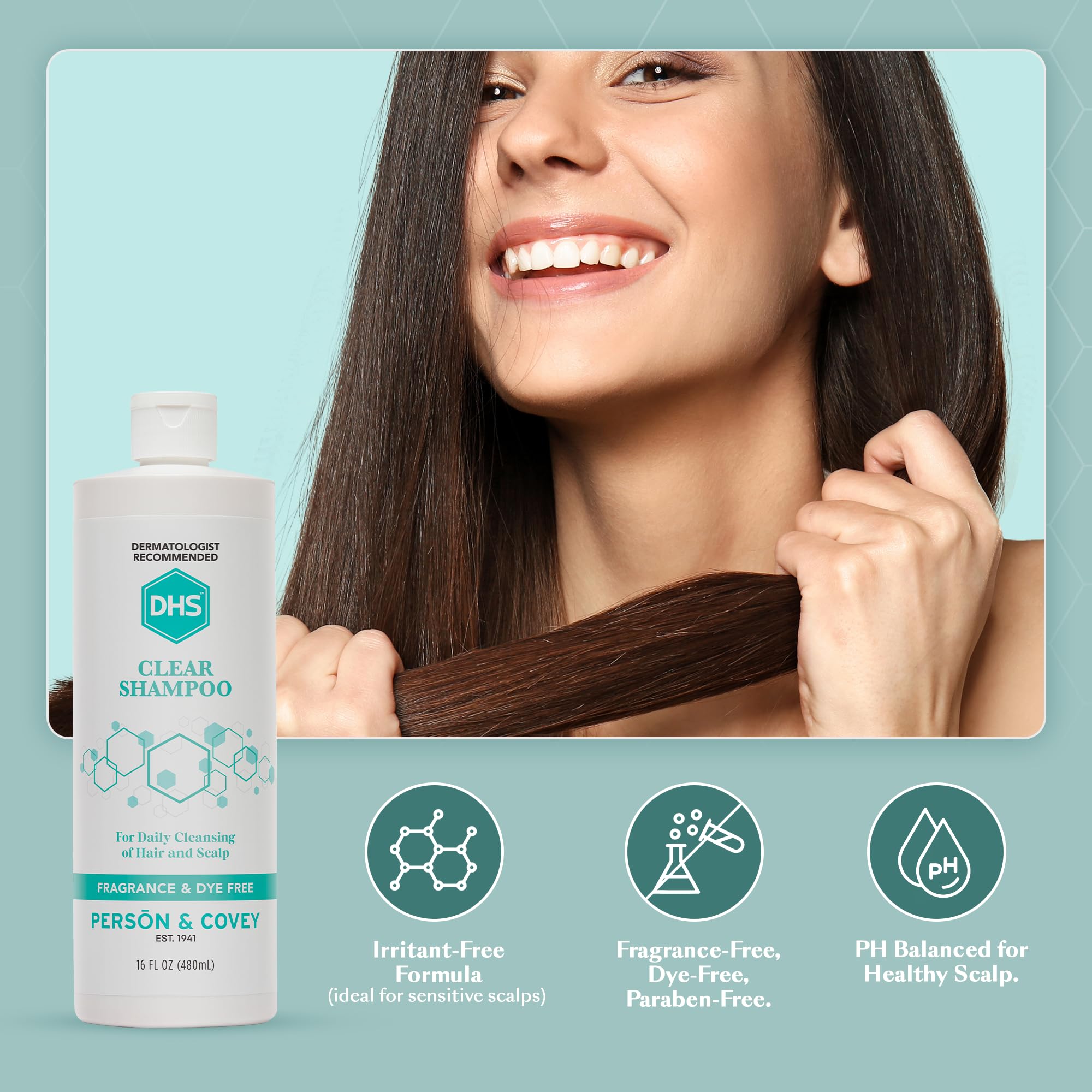 DHS Clear Champú, recomendado por dermatólogos para cuidado neutro.