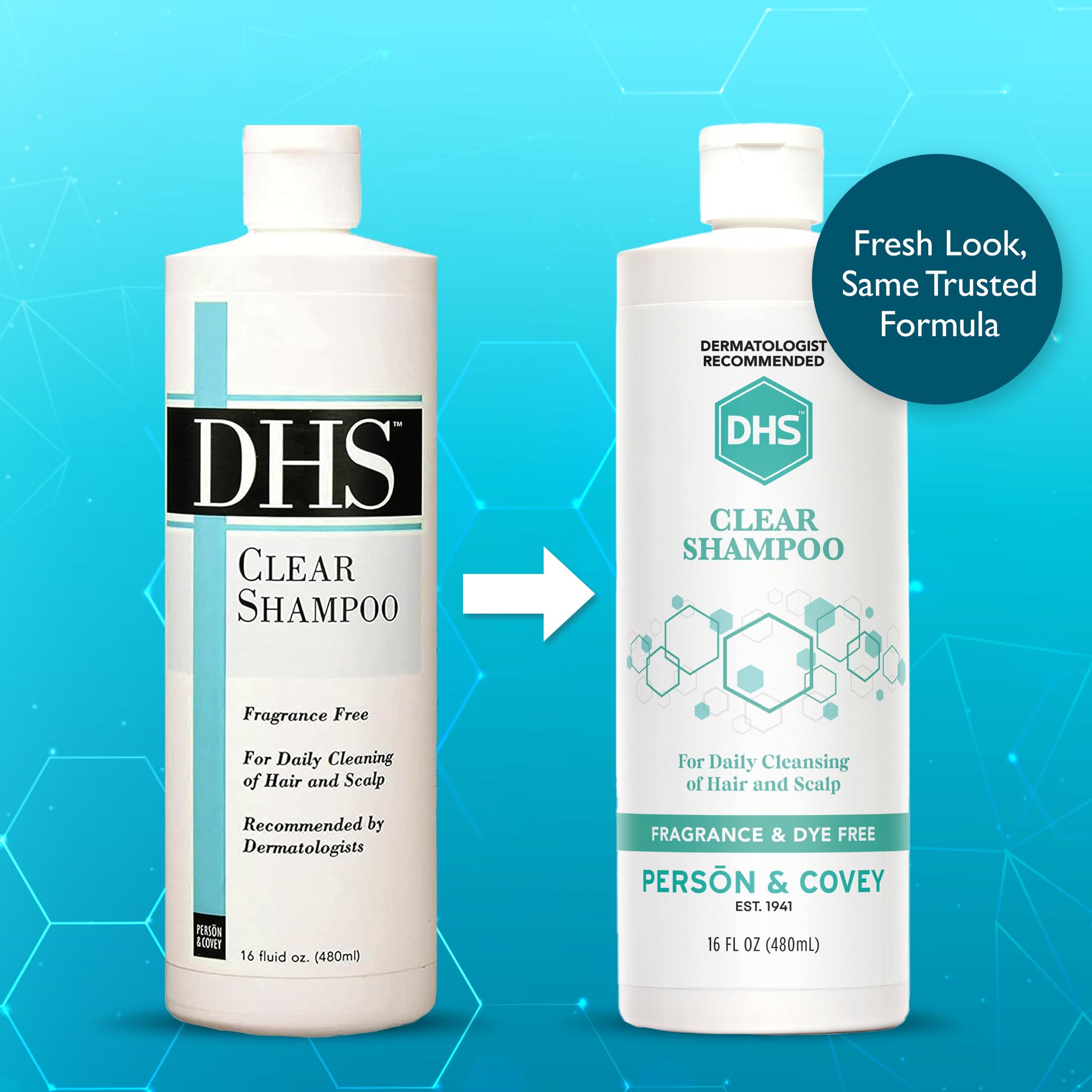 DHS Clear Champú, etiqueta sin fragancia para piel sensible.