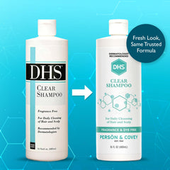 DHS Clear Champú, etiqueta sin fragancia para piel sensible.