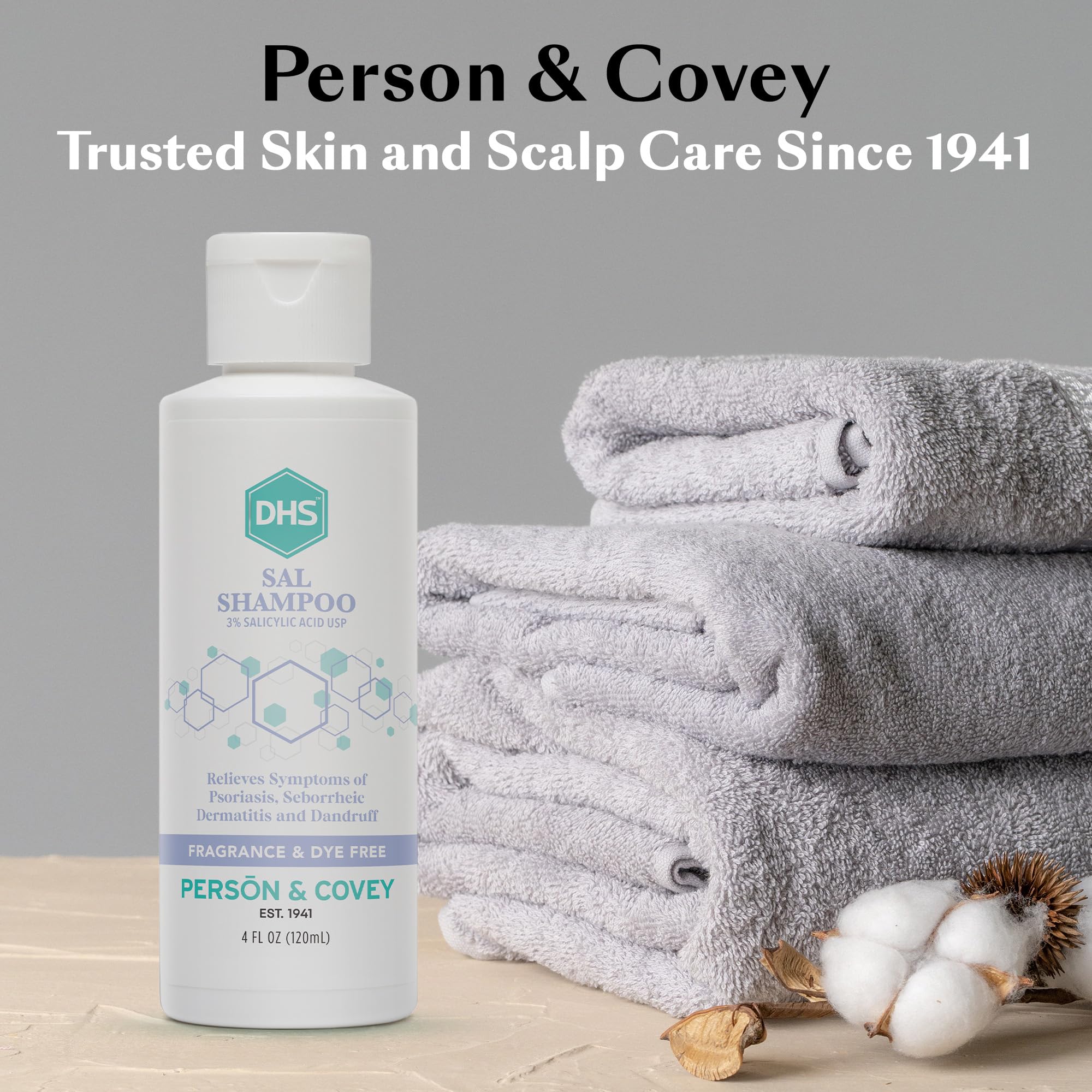 DHS SAL Shampoo label closeup implies dermatologist-approved safety.