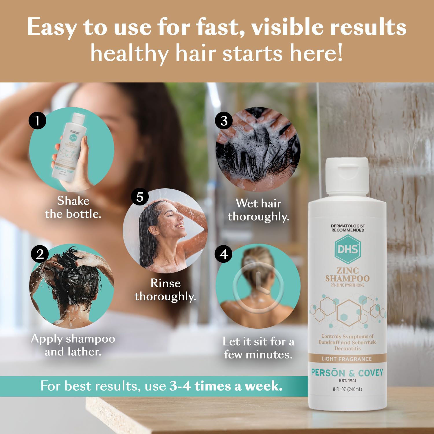 DHS Zinc Shampoo ready to soothe flaky scalp and nourish hair.