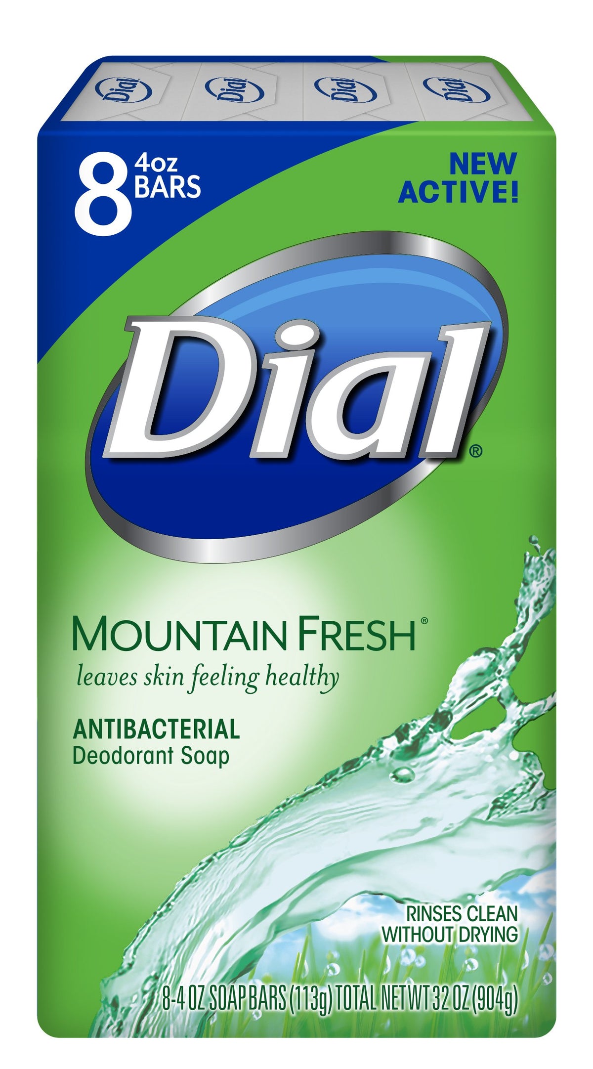 Dial Jabon Barra Antibacteriano Montaña Fresca, vista frontal, limpieza profunda y aroma fresco.