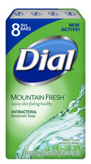 Dial Jabon Barra Antibacteriano Montaña Fresca, vista frontal, limpieza profunda y aroma fresco.