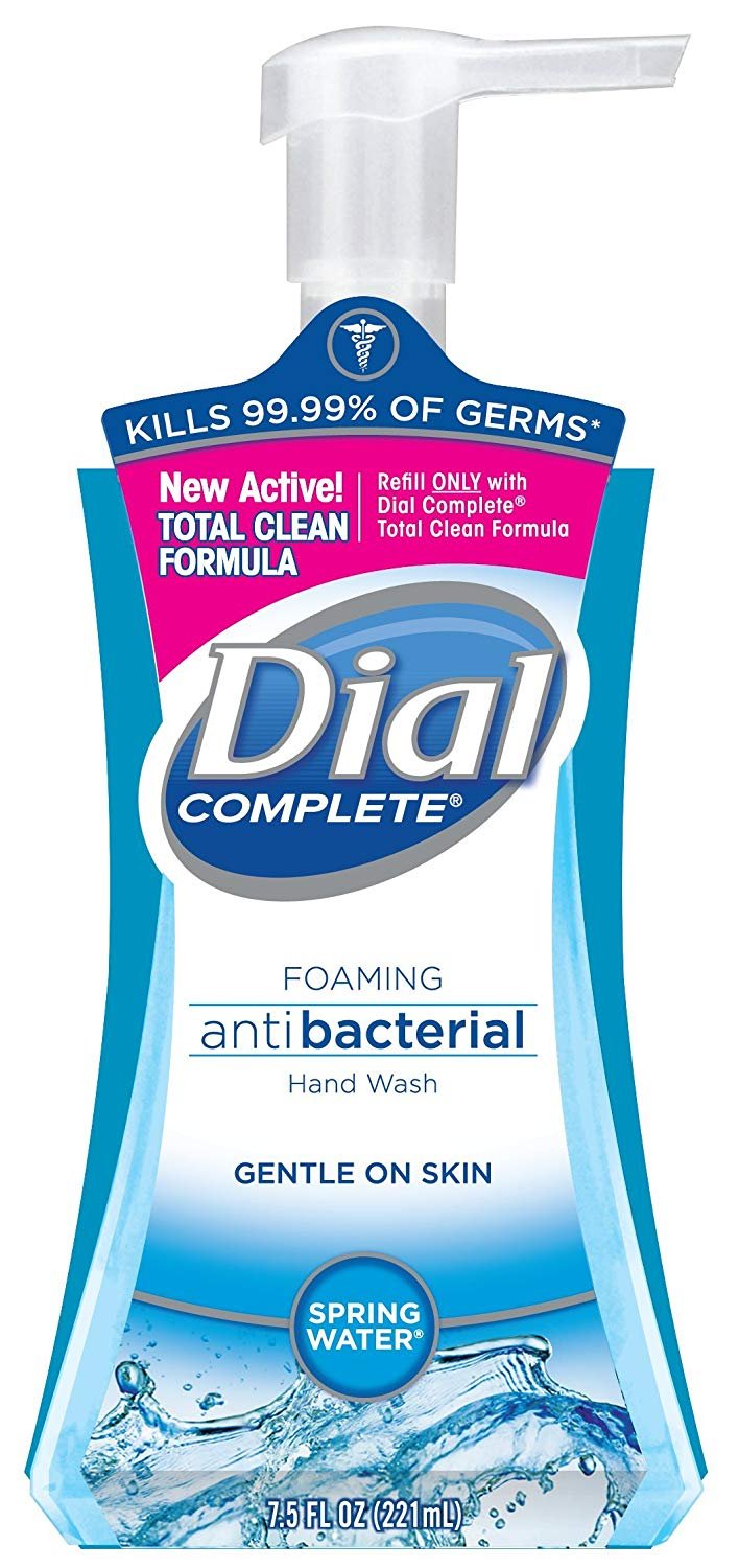 Dial Complete foaming hand soap label front shows brand and scents.