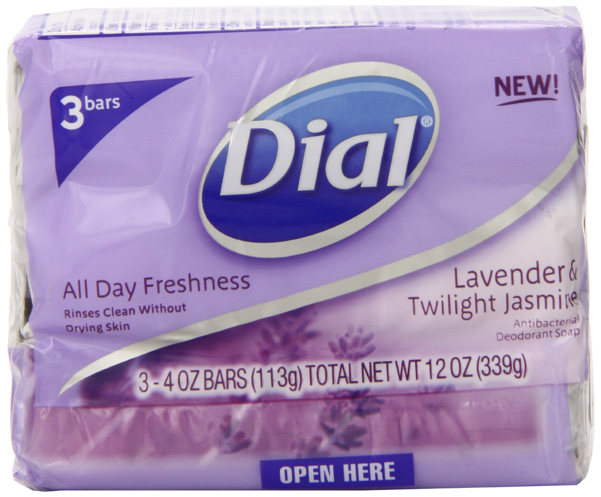 Dial Jabón antibacteriano Lavanda: aroma suave y limpieza duradera para la piel.