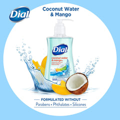 Etiqueta de Dial jabón Coco Mango destaca fragancia fresca y tropical.
