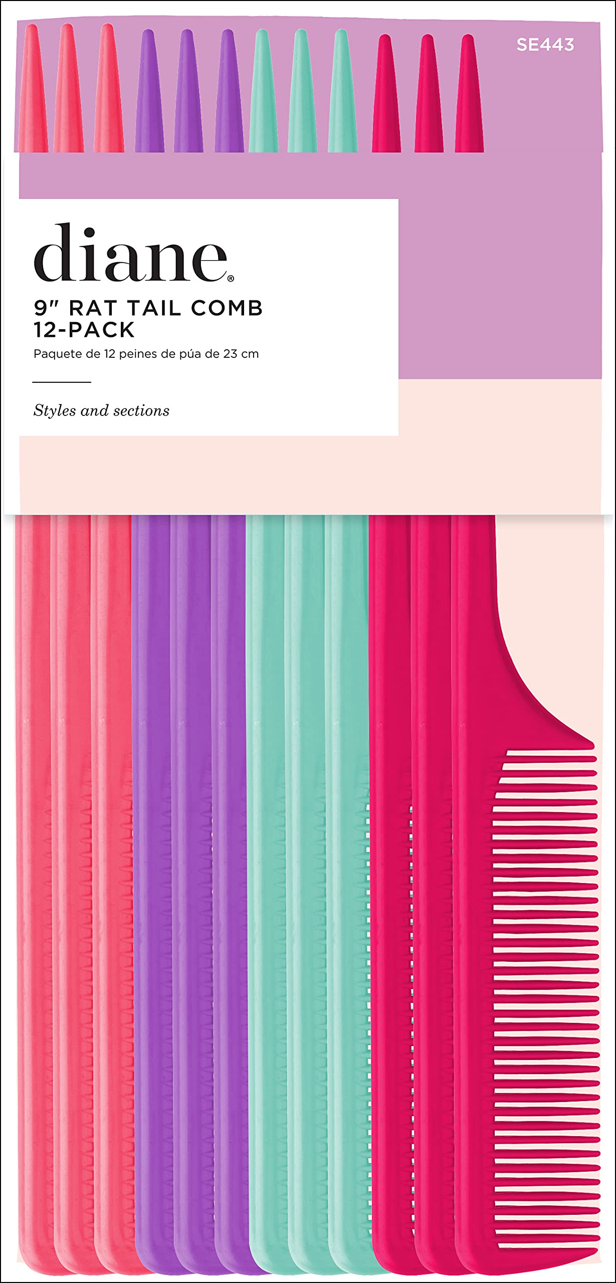 Diane SE443 pack de 12 peines rabo de rata en colores, para peinado y separación precisa.