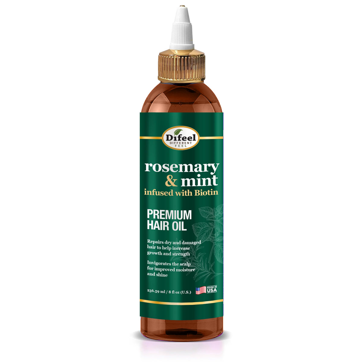 Difeel aceite romero-menta en botella para revitalizar el cabello.
