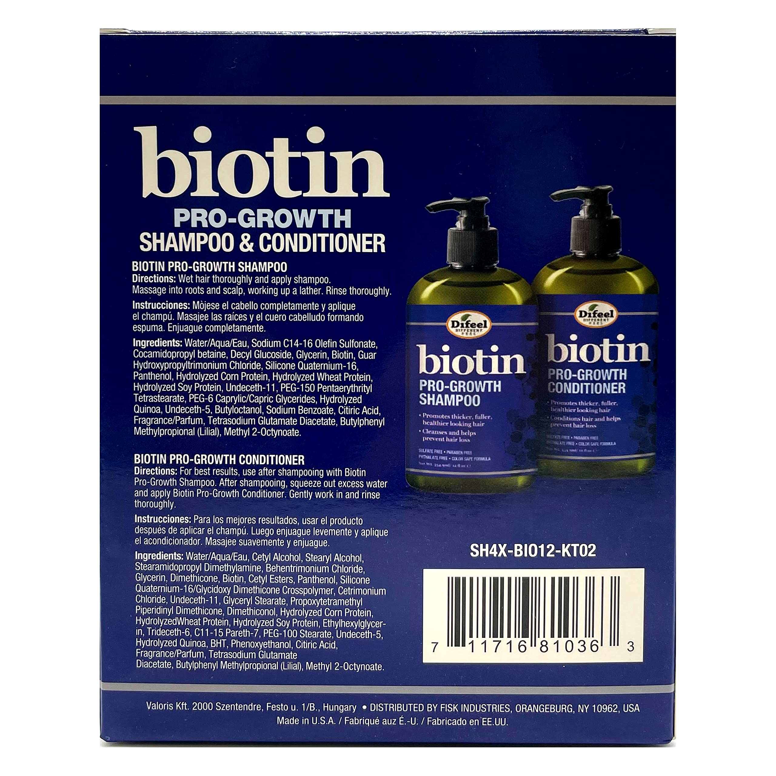 Difeel acondicionador Biotina Pro-Crecimiento en botella, suaviza y fortalece el cabello.
