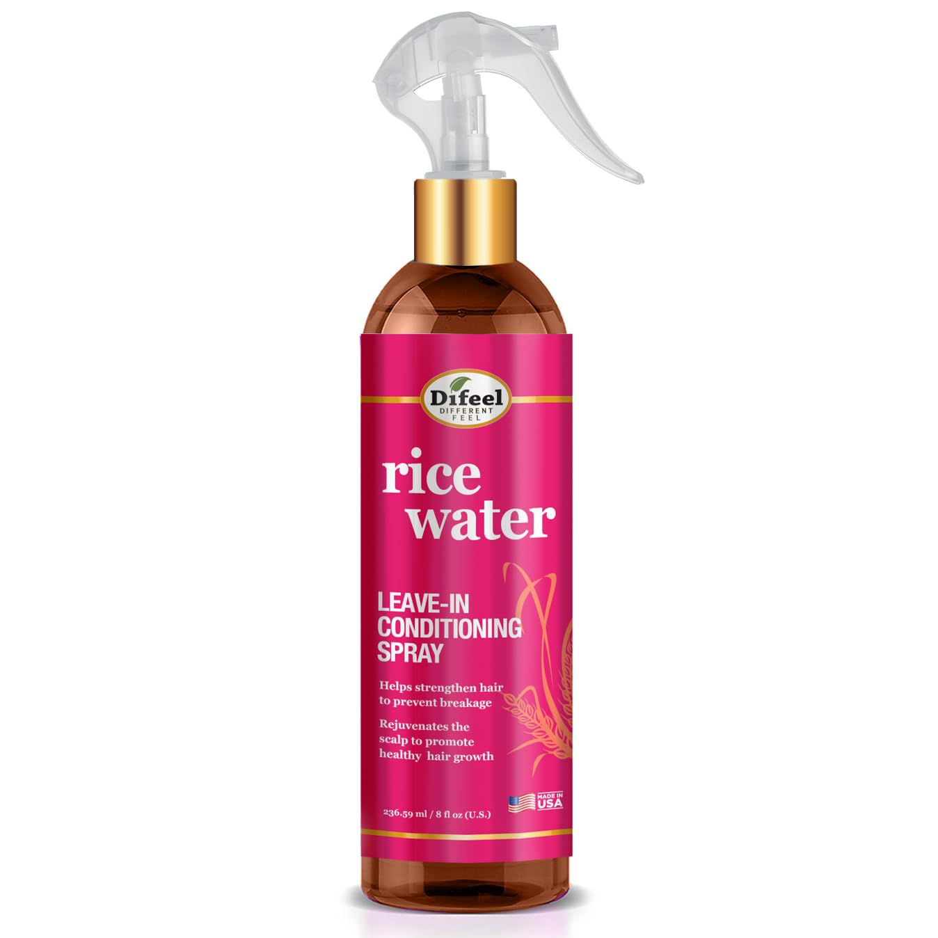 Difeel spray de agua de arroz en botella, hidrata el cabello.