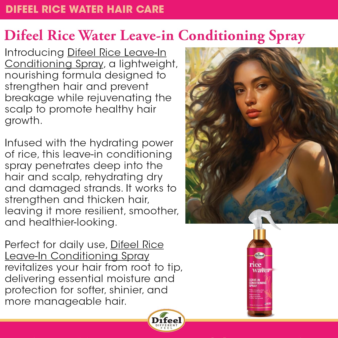 Difeel spray acondicionador sin enjuague para cabello seco.