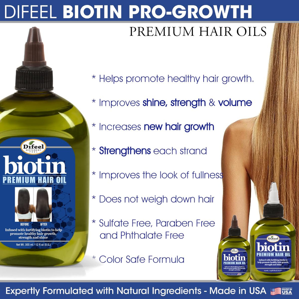Difeel Biotin Premium Hair Oil, enfoque en el envase, ideal para rutinas de baño.