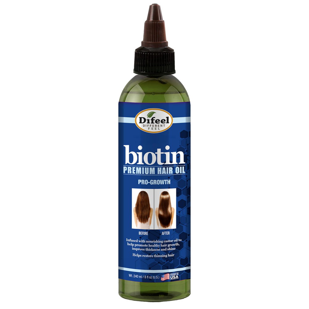 Difeel Biotin Progrowth – aceite para cabello, frasco de 8 onzas, textura ligera.