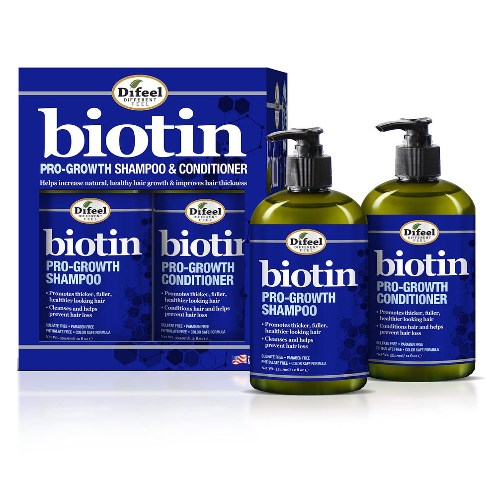 Difeel champú Biotina Pro-Crecimiento en botella, limpieza profunda para cabello sano.