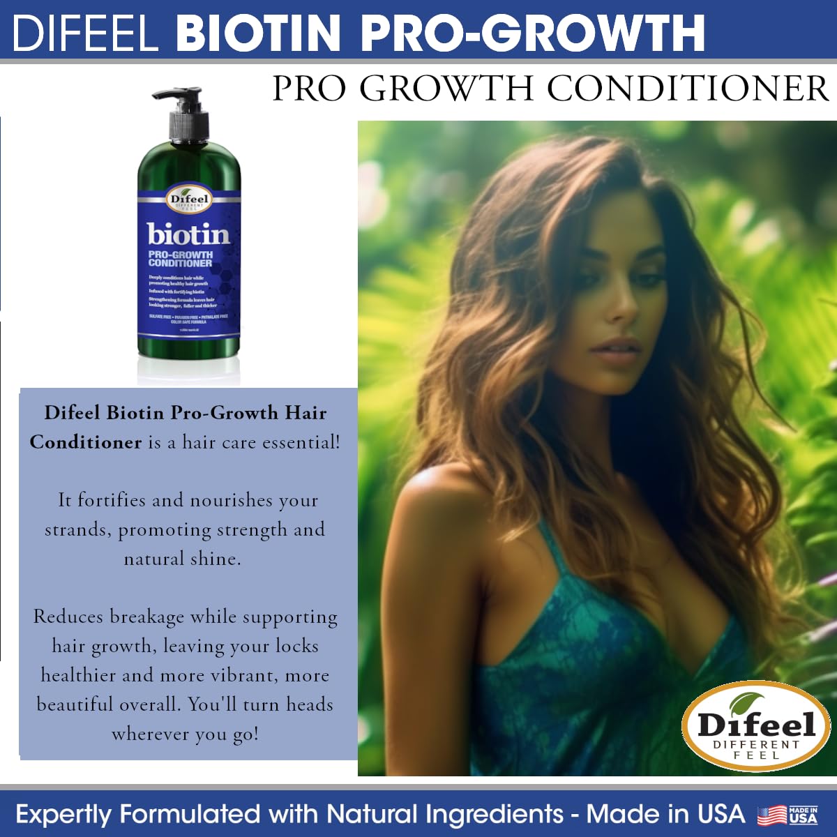 Difeel champú Biotina Pro-Crecimiento, etiqueta frontal clara y atractiva.