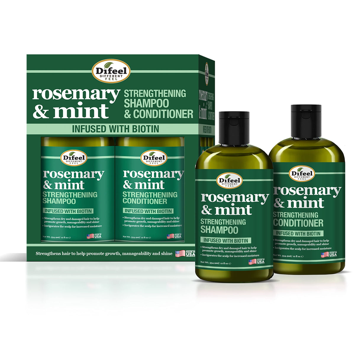 Difeel champú romero-menta 12 onzas para cabello brillante y manejable.