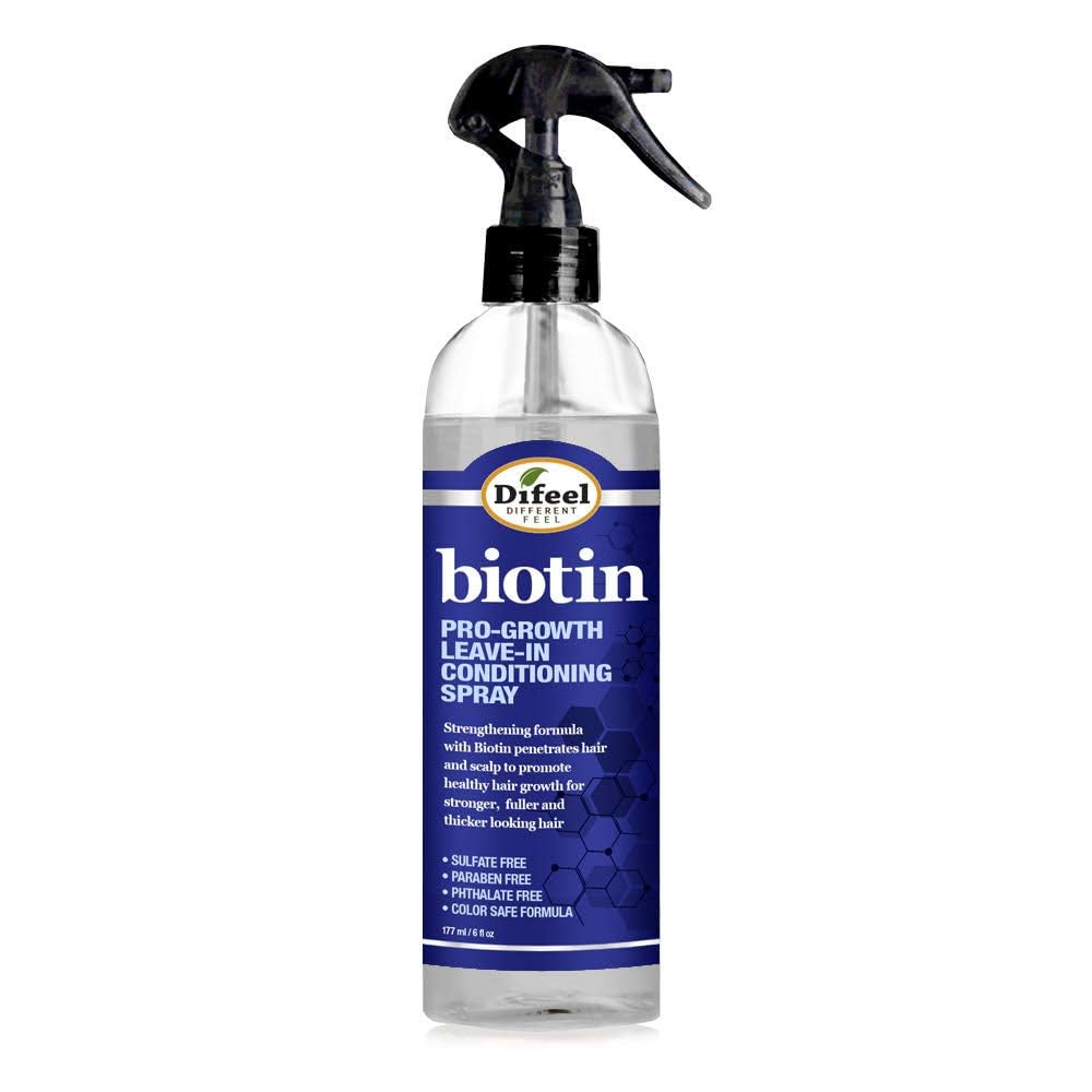 Difeel Pro-Crecimiento Biotina, botella de spray, facilita crecimiento capilar y manejo suave.
