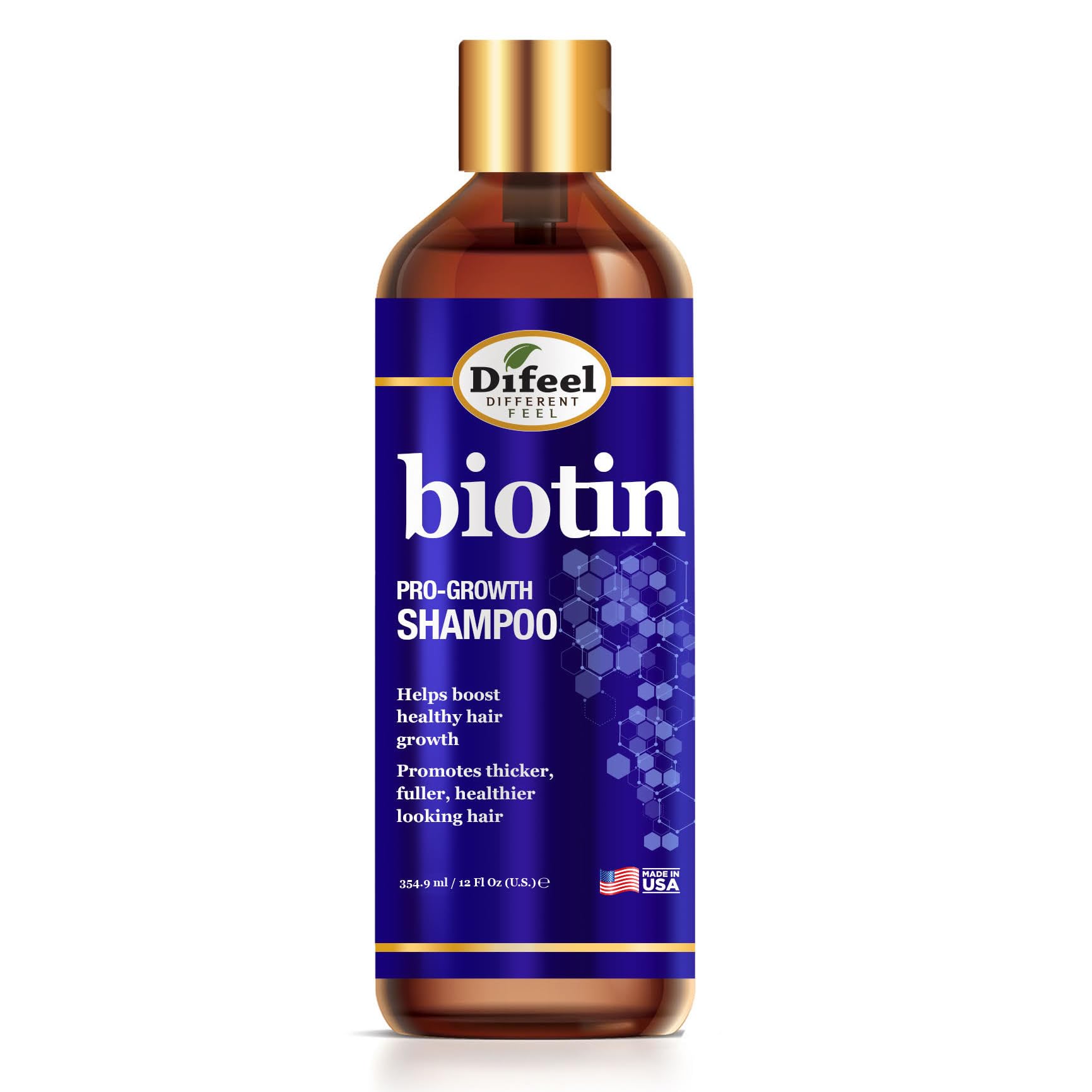Difeel Pro-Growth Biotin Shampoo en botella, promueve crecimiento saludable del cabello.