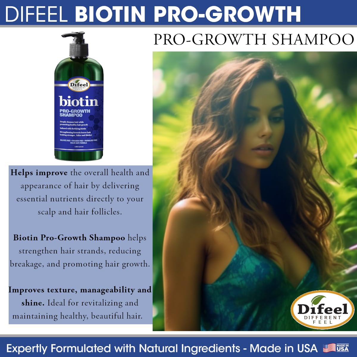 Difeel Champú Pro-Crecimiento con Biotina, textura cremosa para espuma rica