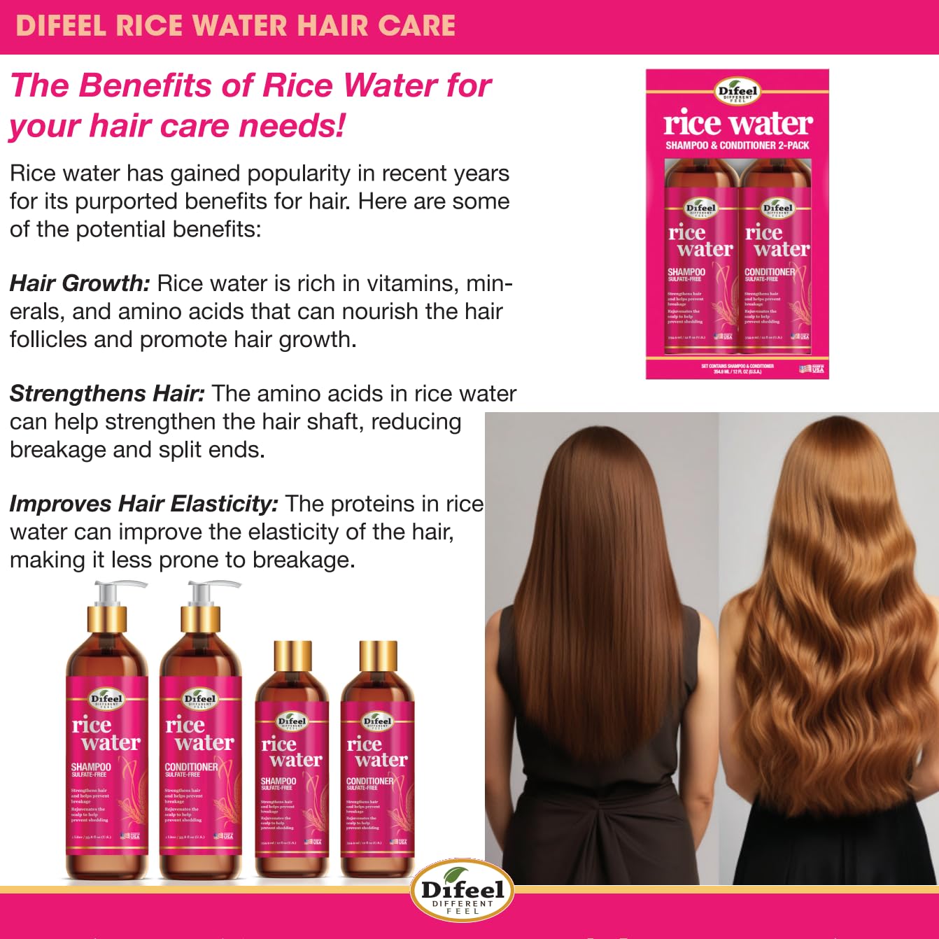 Producto hecho en EEUU con ingredientes de calidad para el cabello.