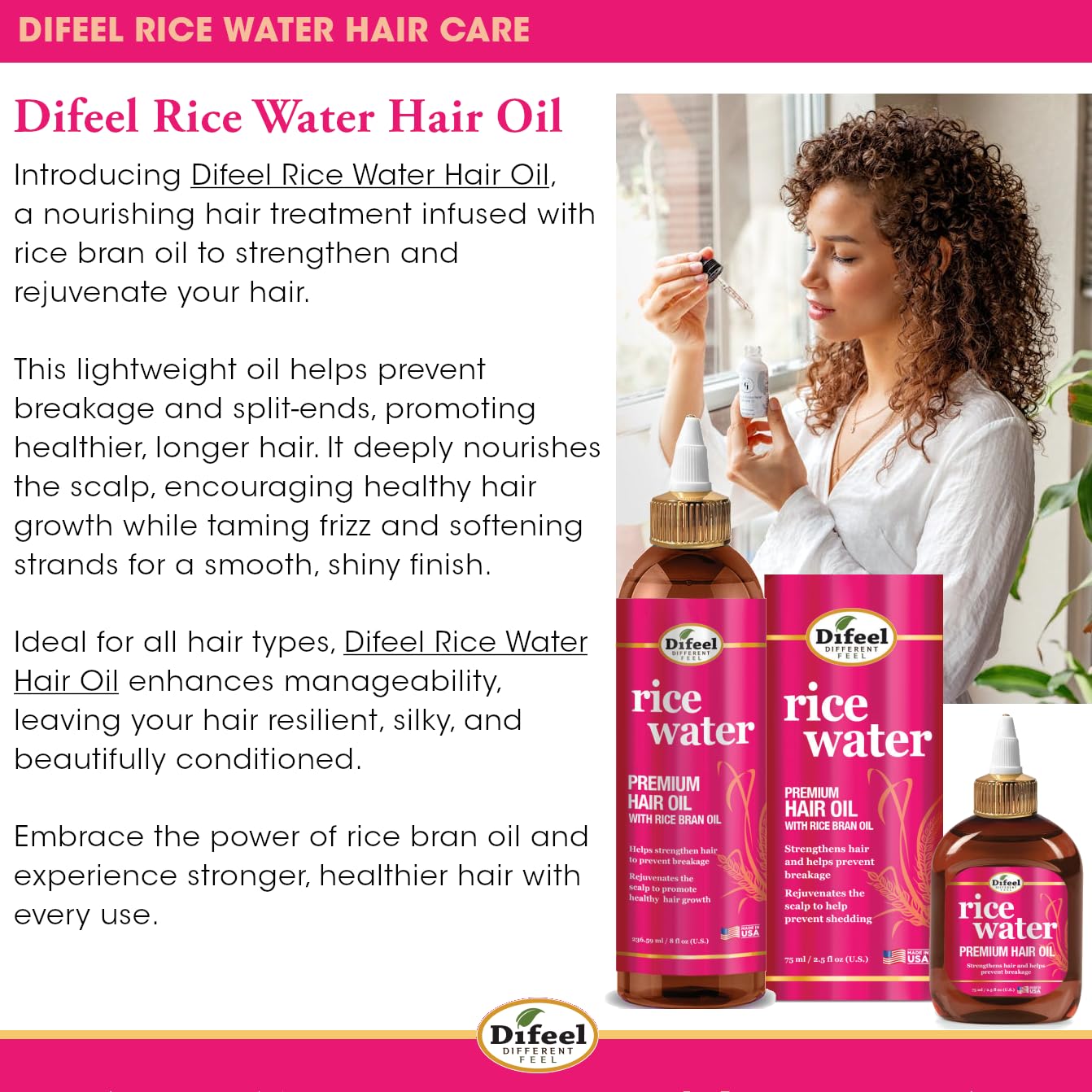 Pelo liso con Difeel Rice Water Oil, brillo y suavidad.