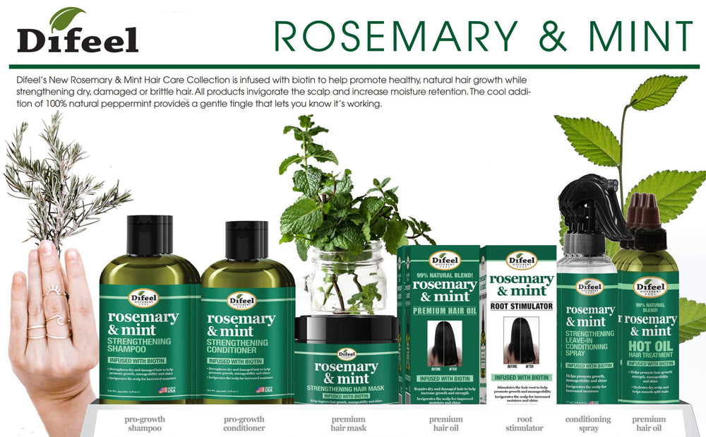 Difeel rosemary mint bottle on bathroom shelf suggests easy home use.