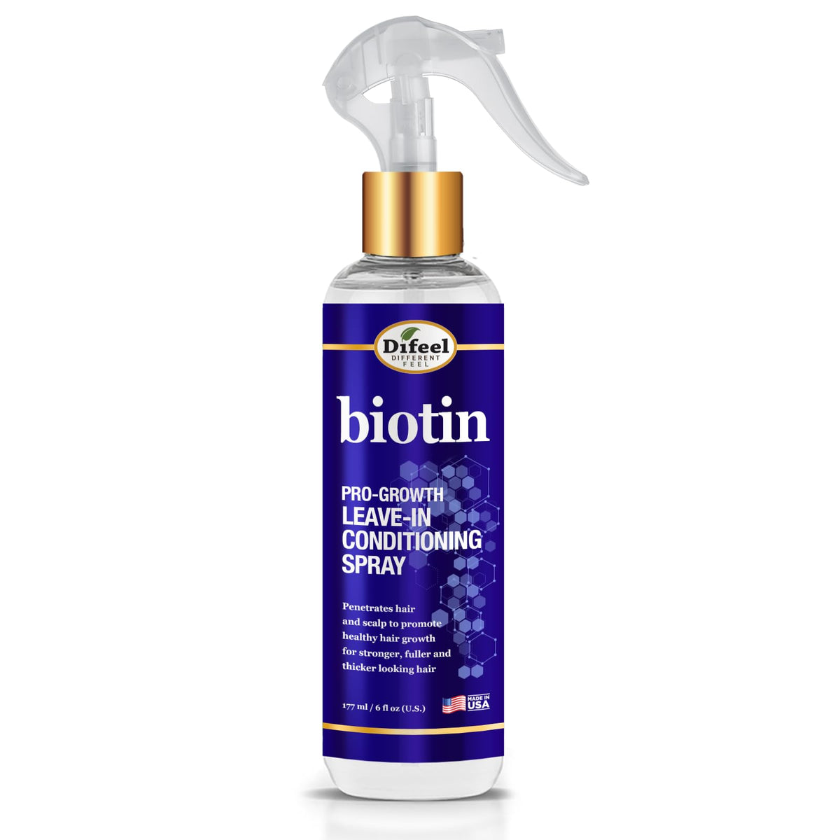 Difeel Biotin Pro-Growth spray en bote, acondiciona sin enjuague para cabello suave.
