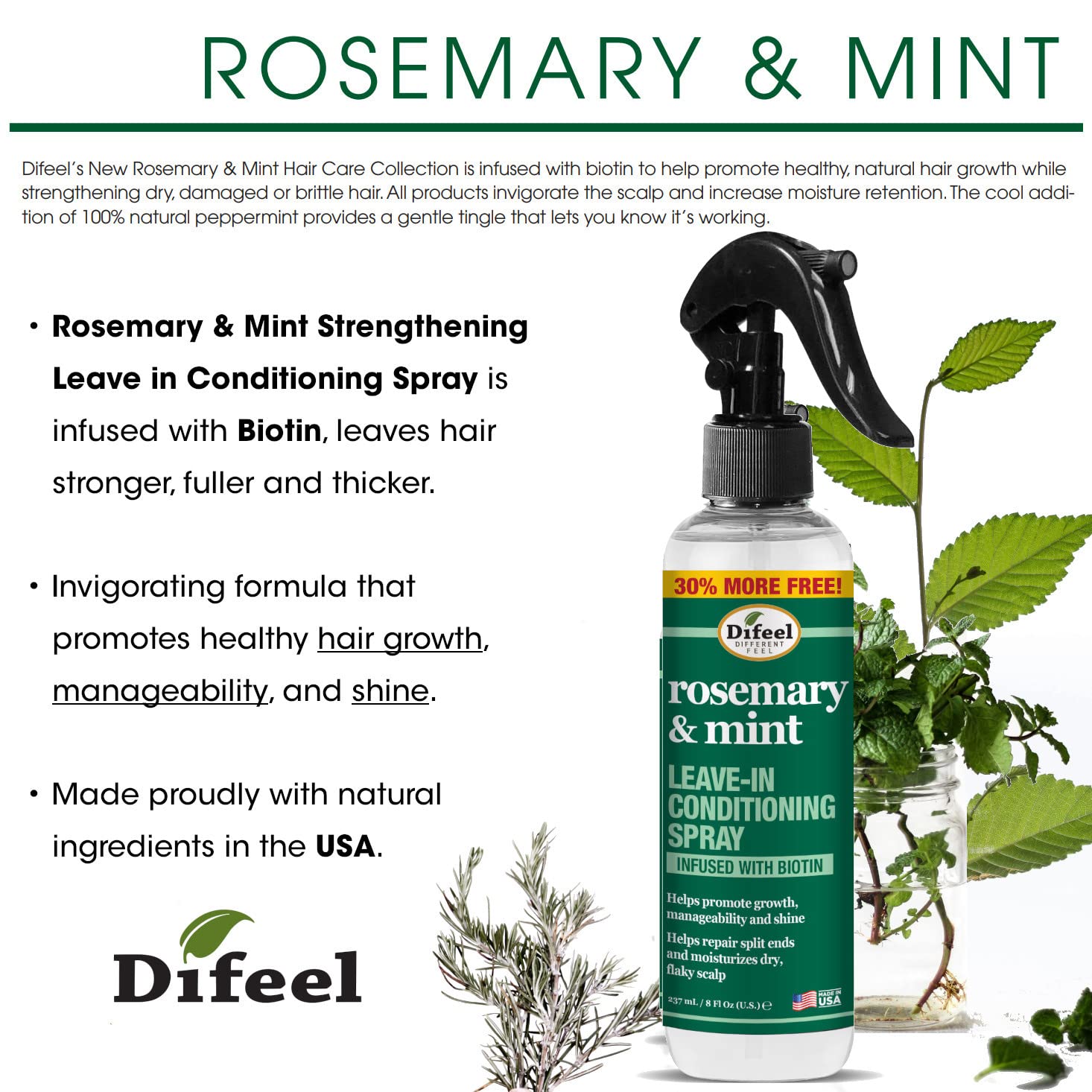 Difeel: ingredientes romero y menta, biotina para nutrición capilar visible.