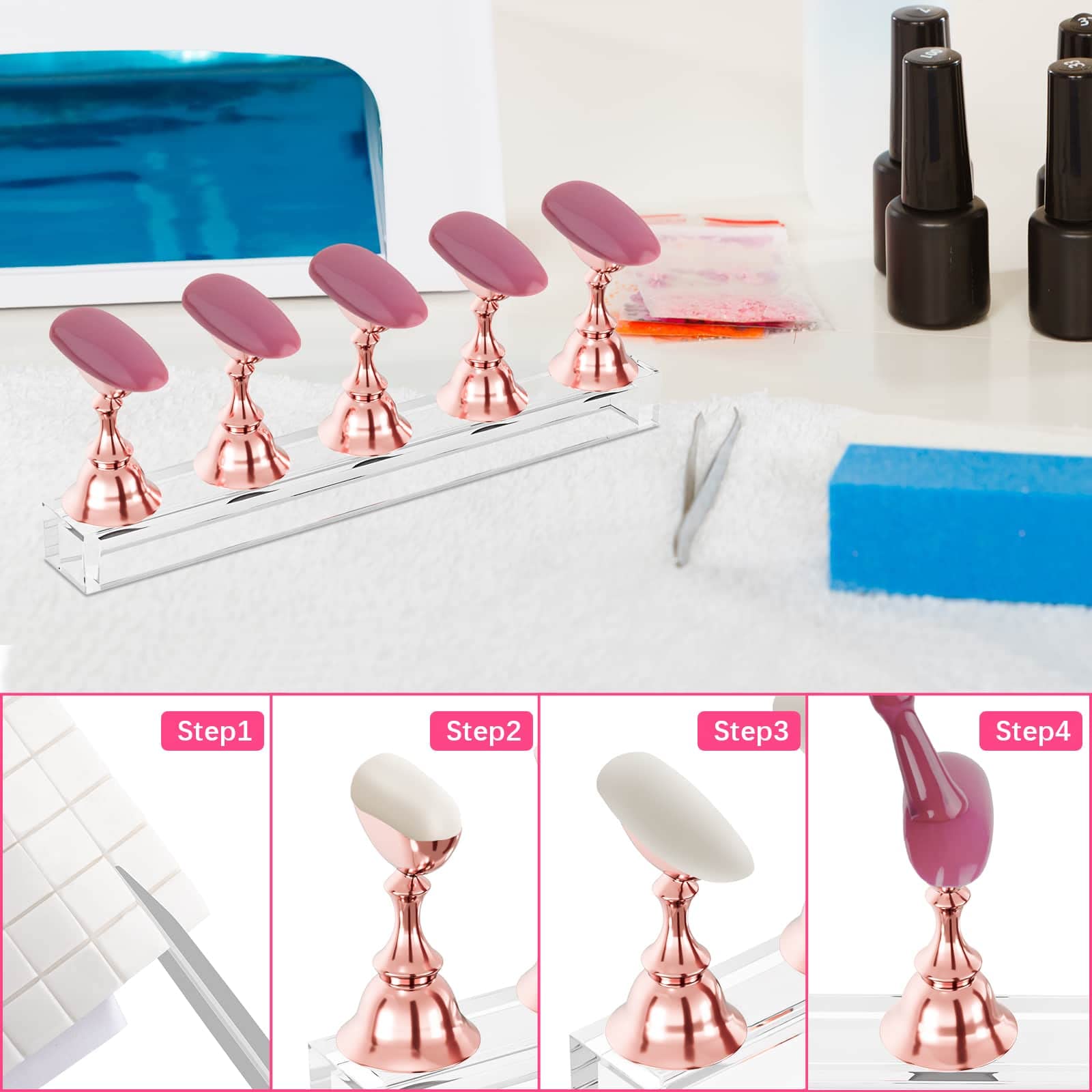 Difenni: práctica de uñas rosa dorado para mejorar la técnica con repetición