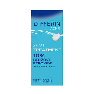 Differin 10% benzoyl peroxide spot treatment tube targets visible blemishes and reduces redness.
