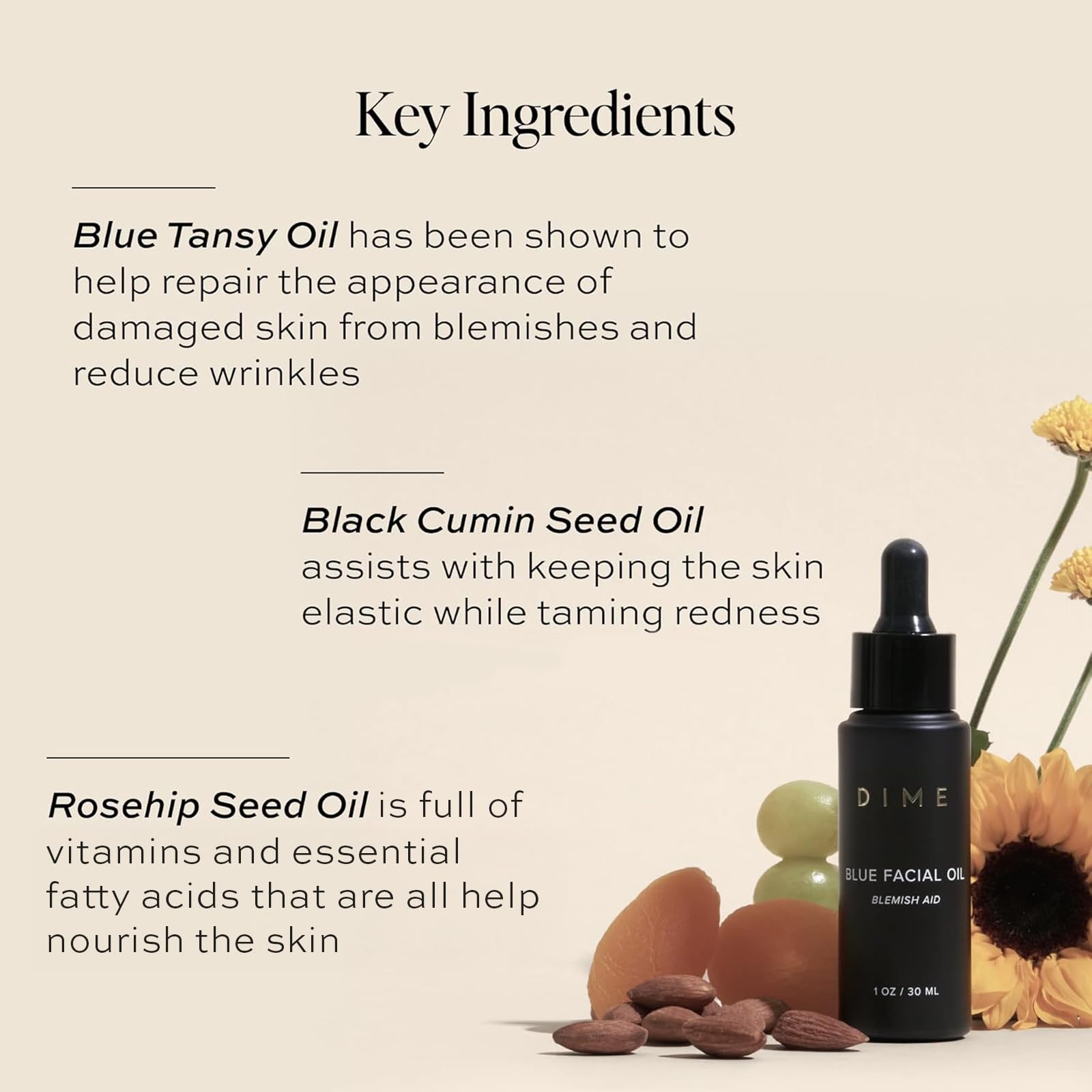 DIME Aceite facial azul: gota sobre la palma para uso nocturno suave.