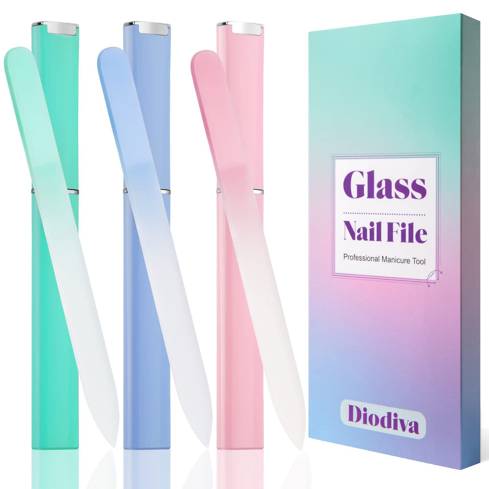 Lima de uñas de vidrio Diodiva con estuche verde, ideal para viaje