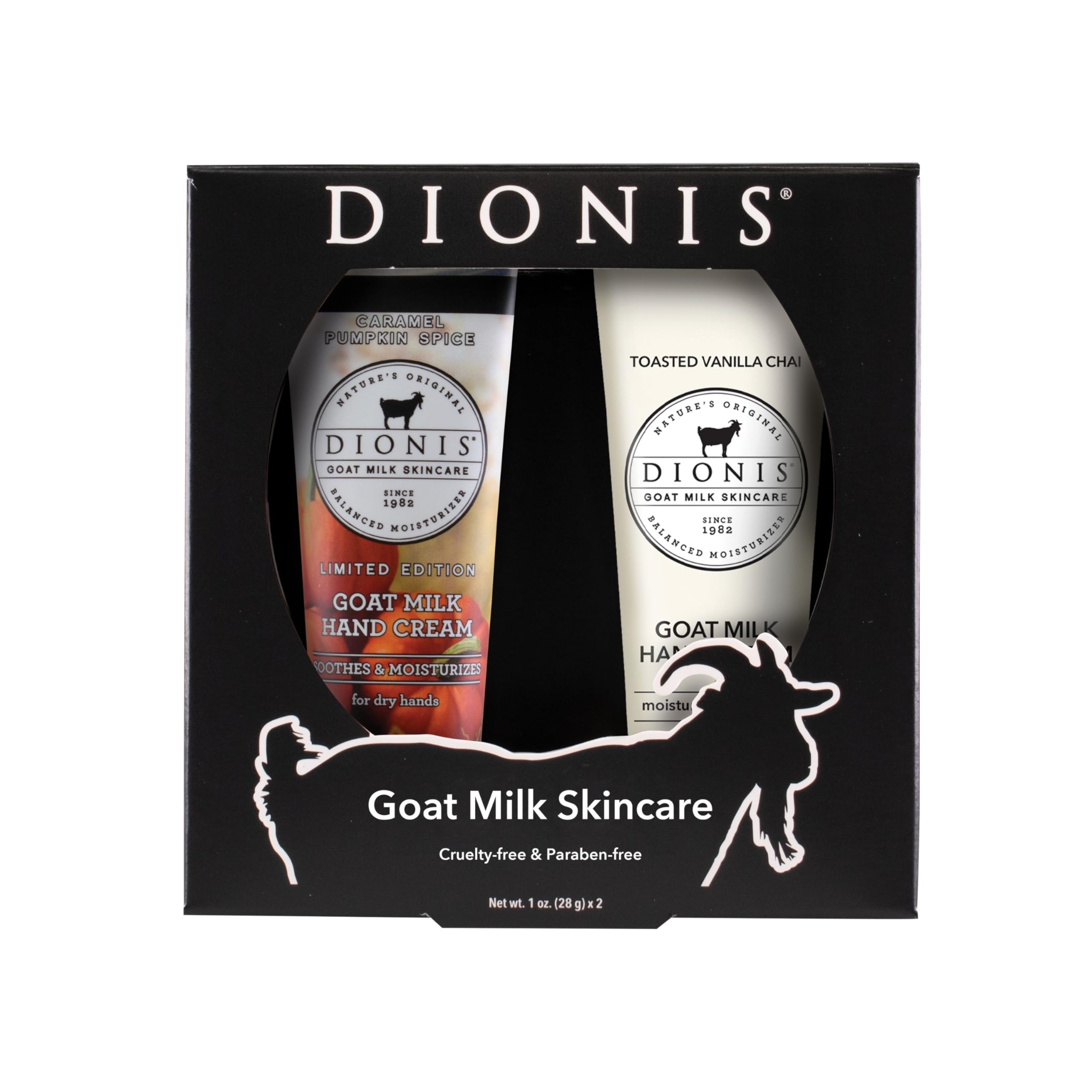 Dionis crema de manos con leche de cabra, calabaza y chai, empaque doble para uso diario.