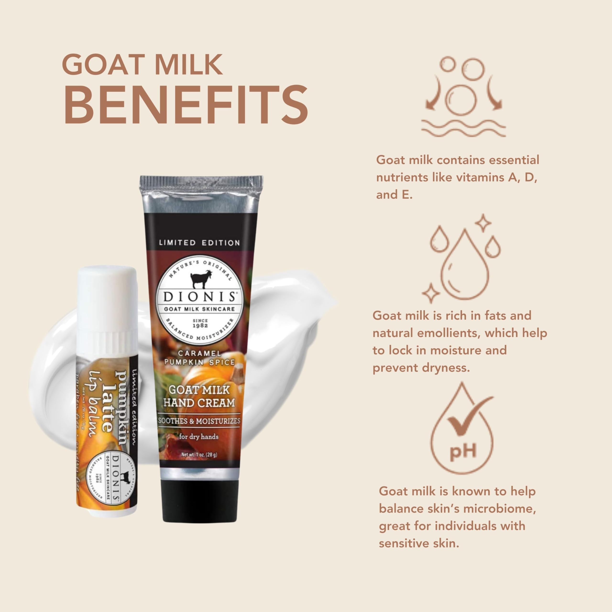 Dionis hand cream tube with caramel pumpkin spice smooths dry skin