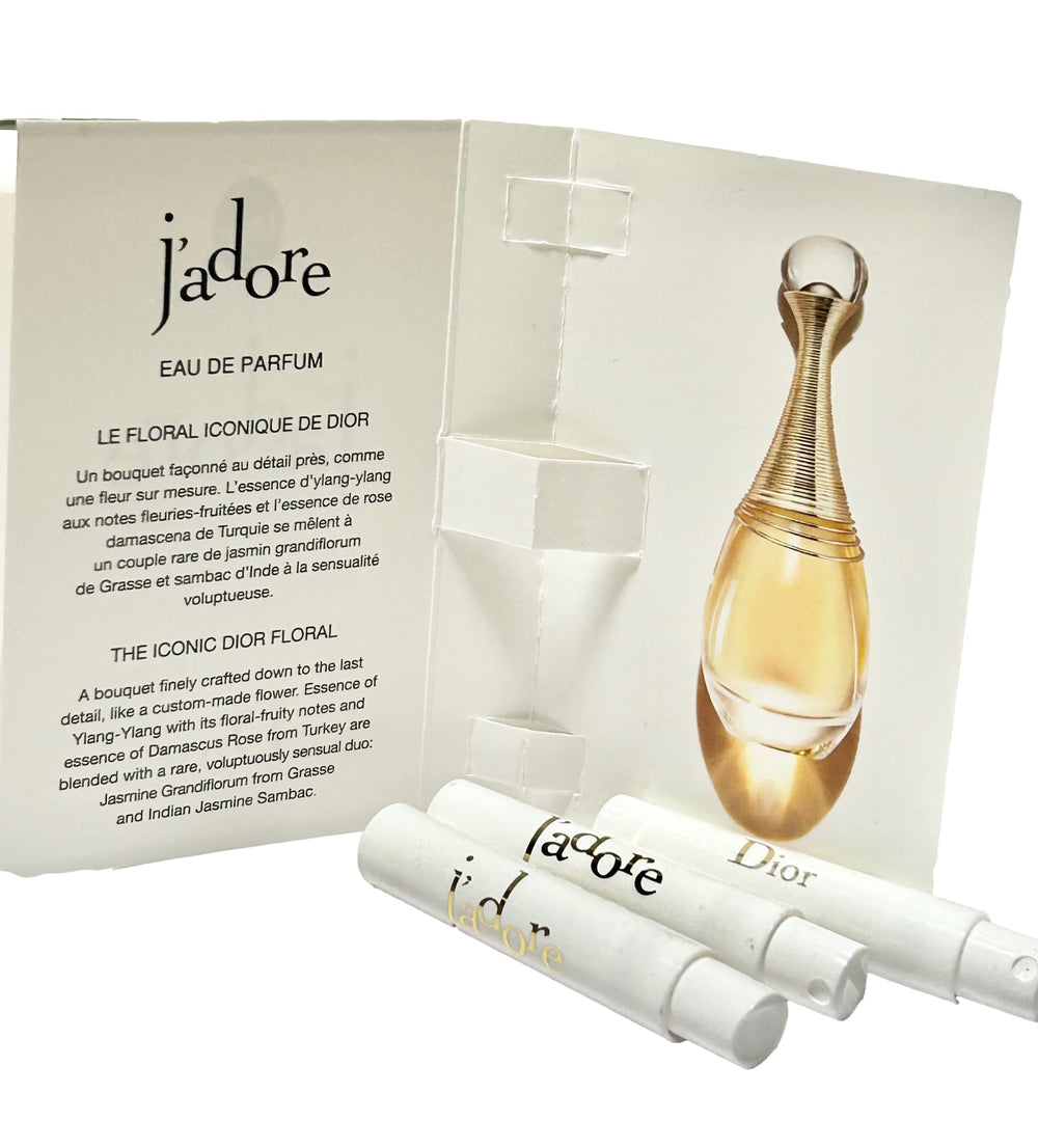 Conjunto de 3 muestras Dior J'adore para regalo o prueba en distintas ocasiones.