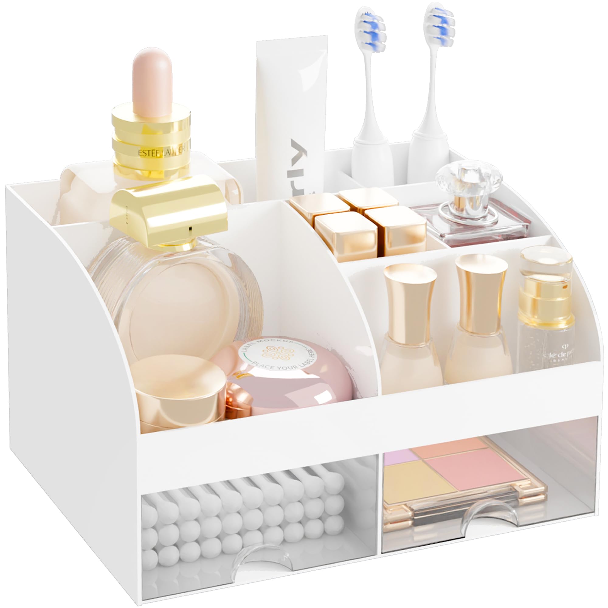 DIRZHX organizador maquillaje de dos cajones blanco sobre tocador para ordenar cosméticos