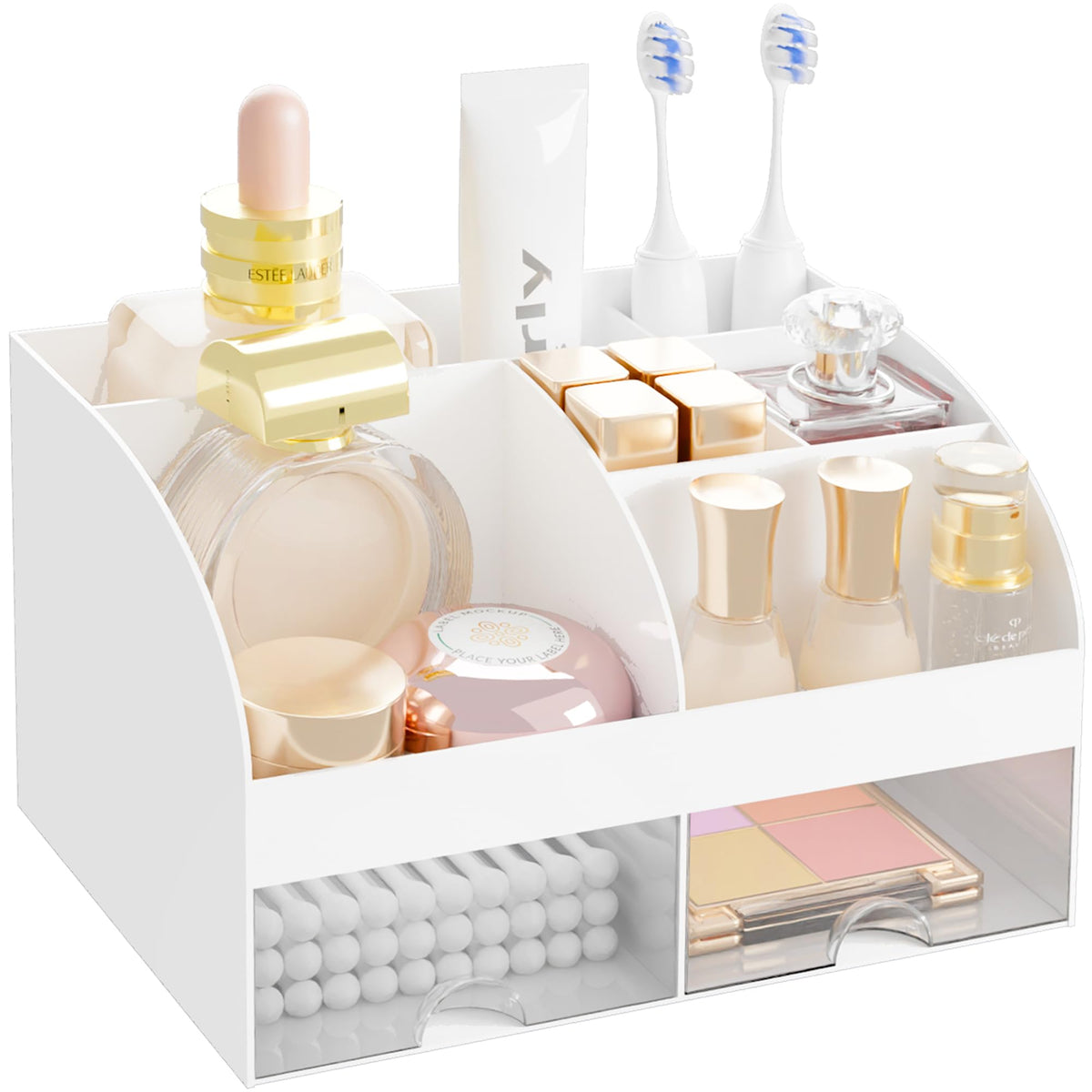 DIRZHX organizador maquillaje de dos cajones blanco sobre tocador para ordenar cosméticos