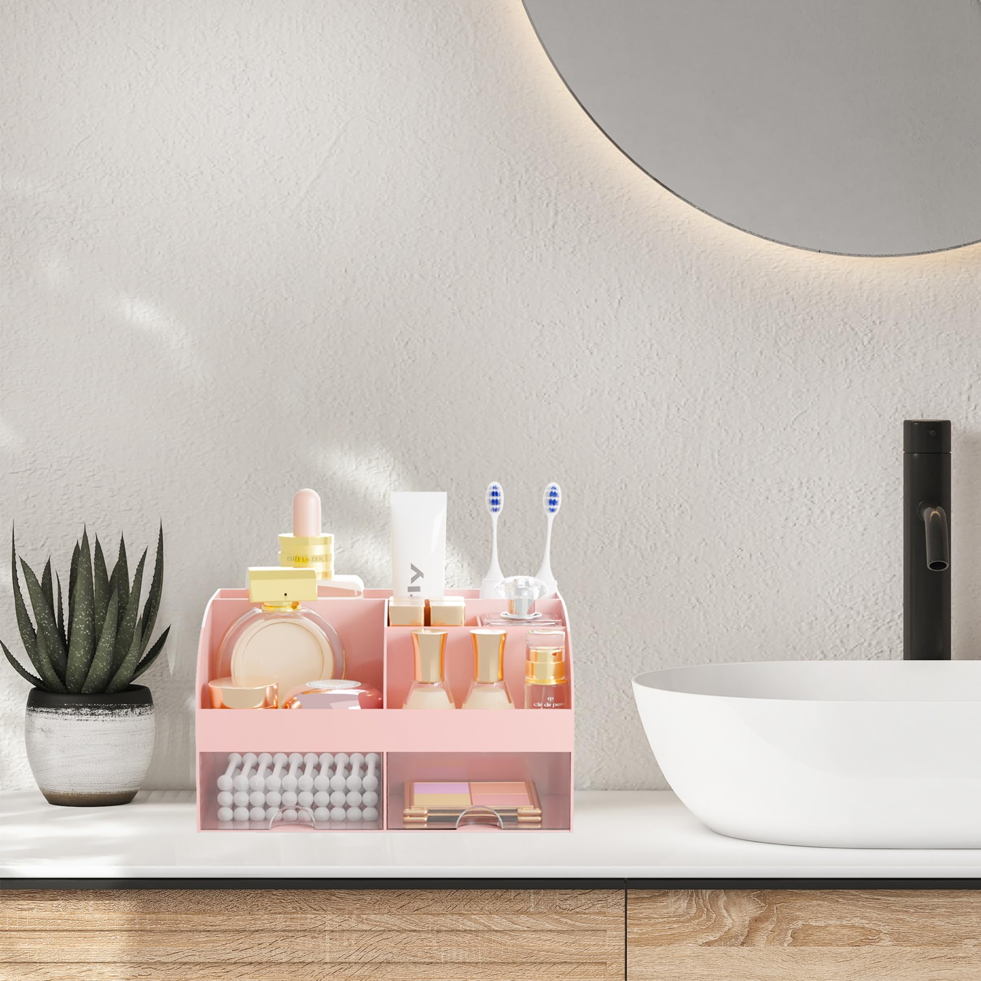 DIRZHX organizador maquillaje rosado compacto para organización diaria.