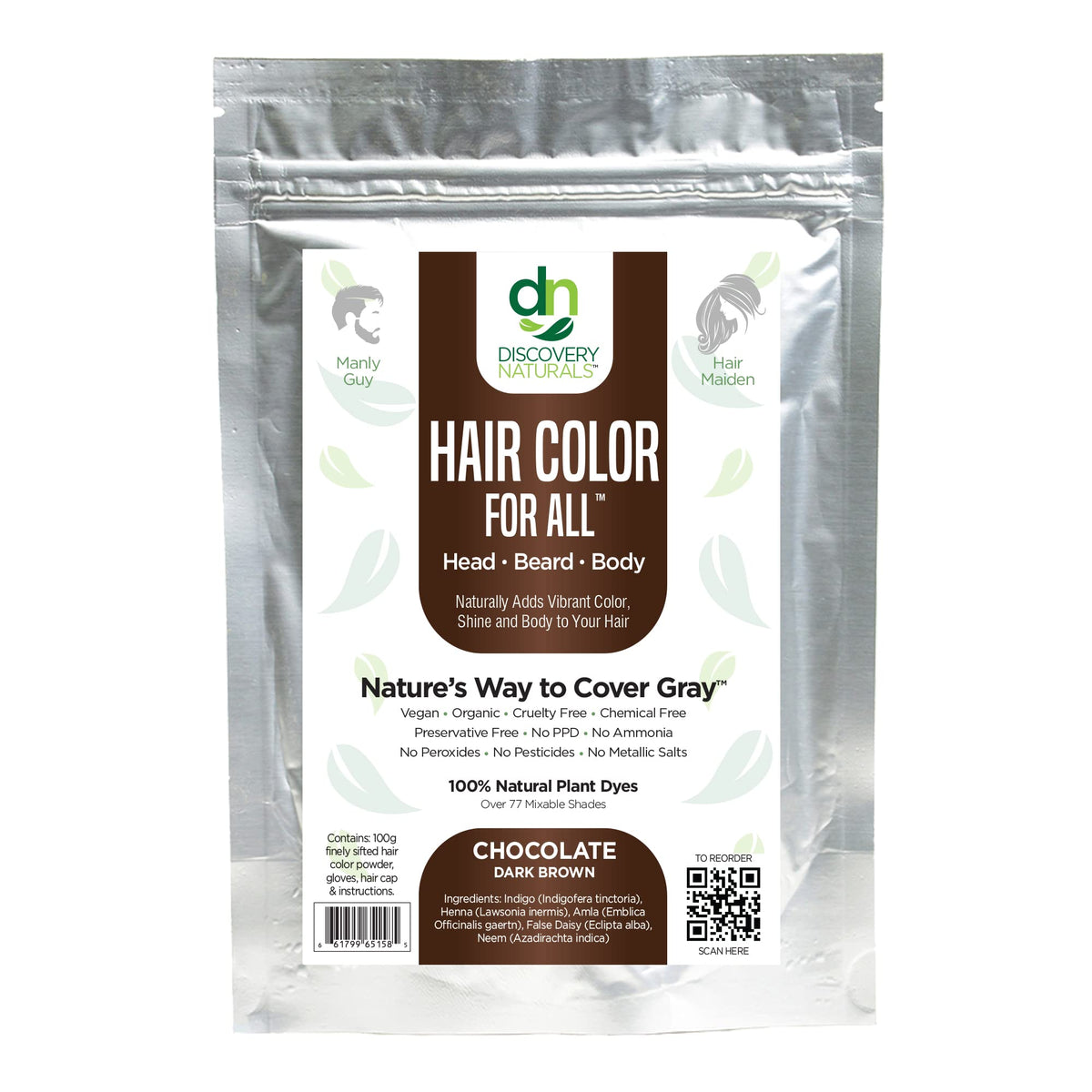 Discovery Naturals henna marrón para pelo, cobertura de canas natural.