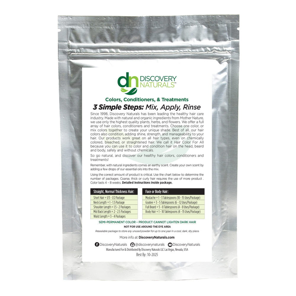 Discovery Naturals mezcla de henna en polvo para tinte uniforme.