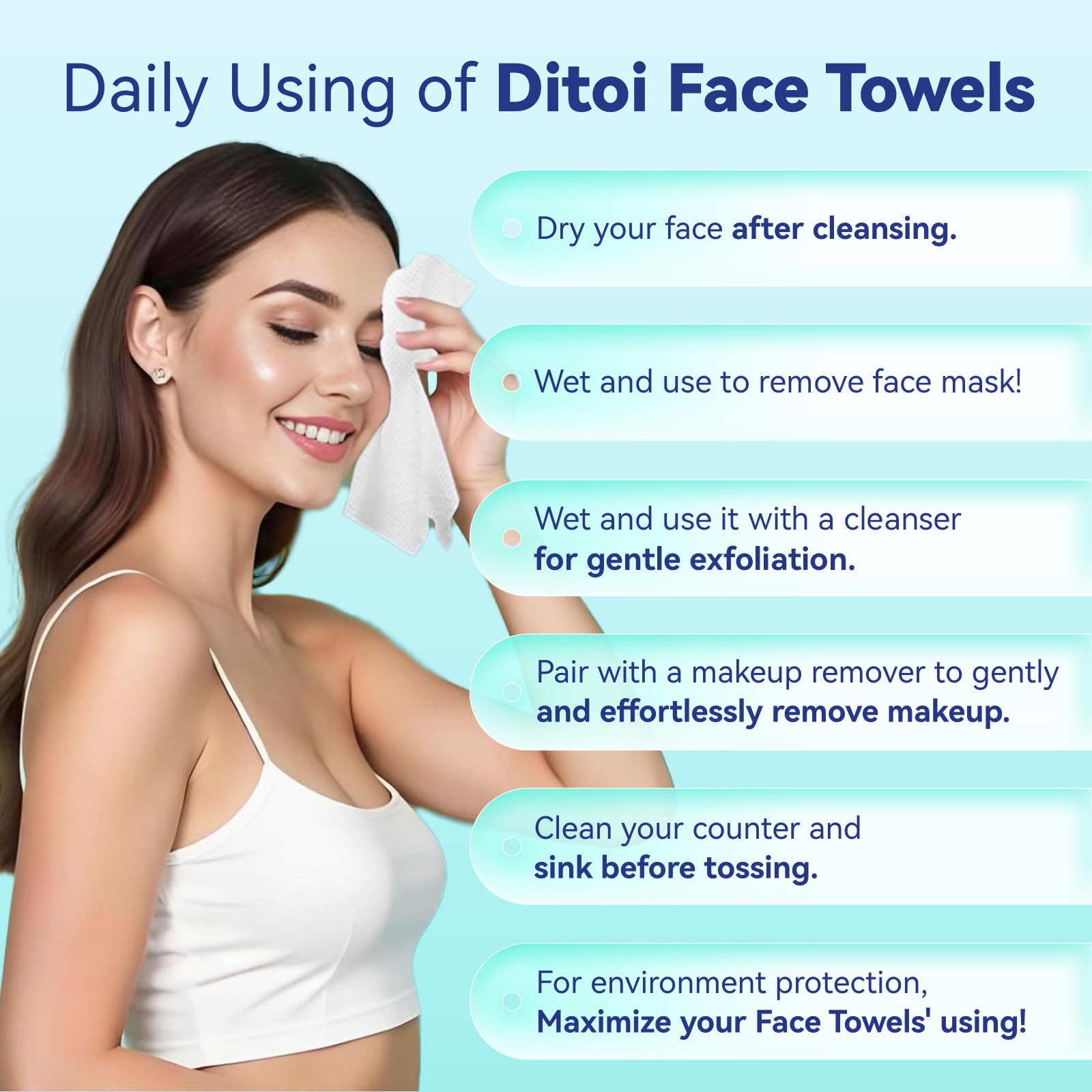 Ditoi, toallitas faciales de dos caras suaves para limpieza diaria.