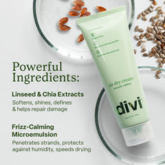 Divi Air Dry evita frizz y define sin calor en cabello rizado u ondulado.